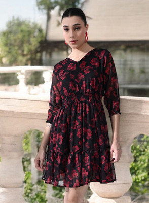 SAKSHI TRADER Women A-line Black Above Knee/Mid Thigh Length Dress