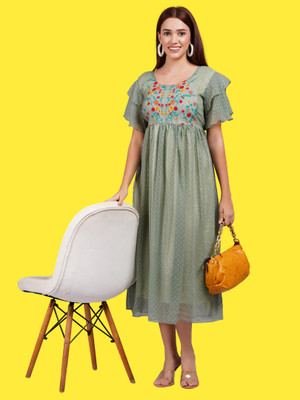 JC4U Women Fit and Flare Light Green Midi/Calf Length Dress