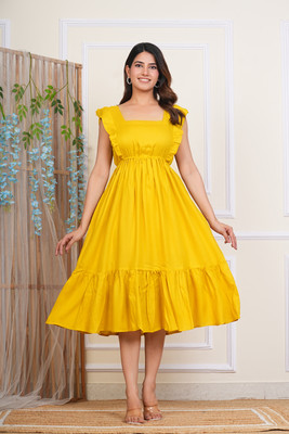 FINEandTOUCH Women Fit and Flare Yellow Midi/Calf Length Dress
