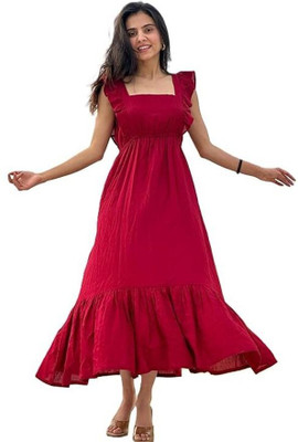 BOMBAY SPEED Women Fit and Flare Red Midi/Calf Length Dress