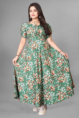 RIDDHI TEXTILES Women Fit and Flare Green Maxi/Full Length Dress