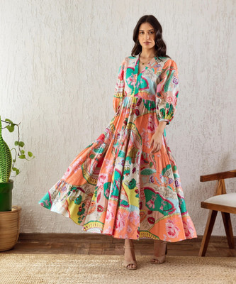Leriya Fashion Women Empire Waist Multicolor Midi/Calf Length Dress