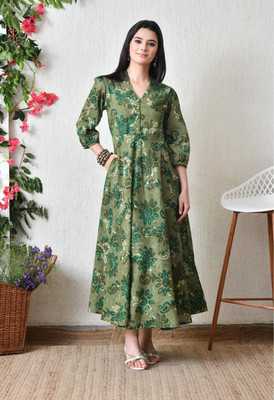 DECKEDUP Women Fit and Flare Green Maxi/Full Length Dress