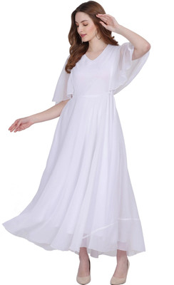 MUZUN Women A-line White Maxi/Full Length Dress