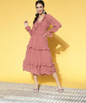 ATHENA Women Fit and Flare Pink Midi/Calf Length Dress