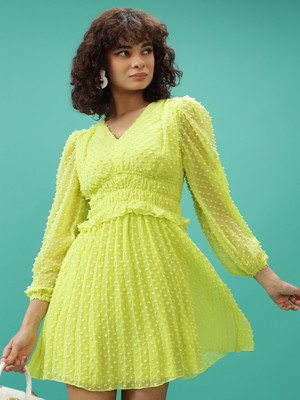 Tokyo Talkies Women Pleated Light Green Above Knee/Mid Thigh Length Dress