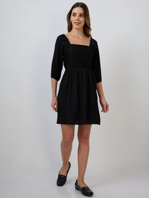 Herway Women Fit and Flare Black Above Knee/Mid Thigh Length Dress