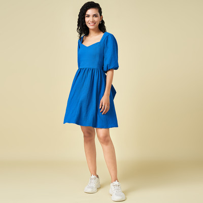 PEOPLE Women Fit and Flare Dark Blue Above Knee/Mid Thigh Length Dress