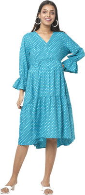 MYLO Women Fit and Flare Light Blue, White Knee Length Dress