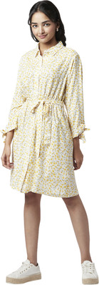 YU by Pantaloons Women Fit and Flare White, Yellow, Grey Midi/Calf Length Dress