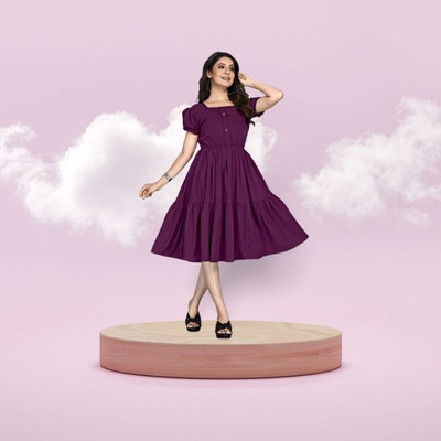 Neminath Women A-line Purple Below Knee Dress