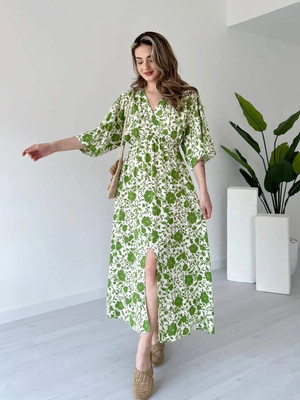 MANOJAVA Women Fit and Flare Green Ankle Length Dress