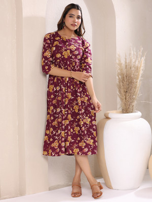 Janasya Women Gathered Purple Midi/Calf Length Dress