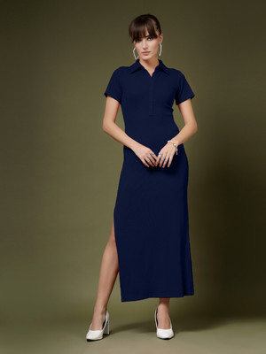 Oomph! Women Bodycon Dark Blue Midi/Calf Length Dress