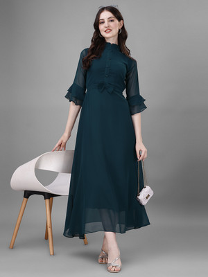 Jash Creation Women Fit and Flare Dark Green Maxi/Full Length Dress