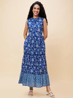 Globus Women Fit and Flare Blue Maxi/Full Length Dress