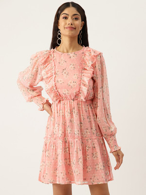 Deewa Women Fit and Flare Pink, White, Grey Above Knee/Mid Thigh Length Dress