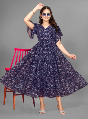 JYOTESTORE Women Fit and Flare Blue Midi/Calf Length Dress