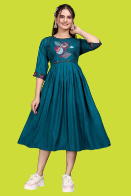 HouseOfCommon Women Fit and Flare Dark Blue Midi/Calf Length Dress