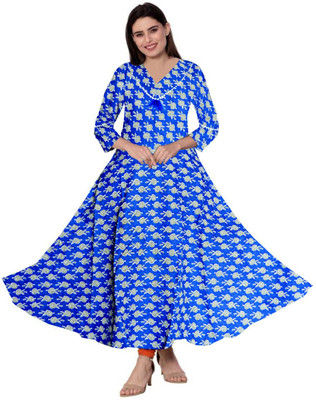 Shunit creation Women Fit and Flare Blue, Green, White Maxi/Full Length Dress