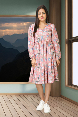 HOC's Women A-line Pink Below Knee Dress