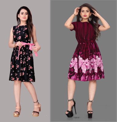 tanvi creation Women Fit and Flare Pink Midi/Calf Length Dress