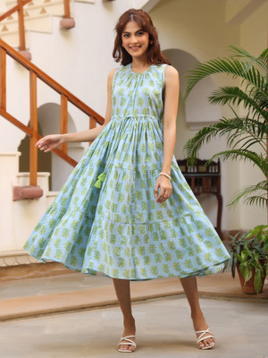 Janasya Women Fit and Flare Light Blue Midi/Calf Length Dress