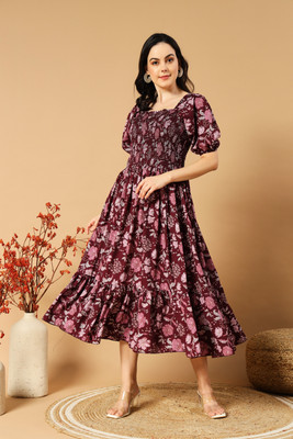 Deklook Women Fit and Flare Purple Knee Length Dress