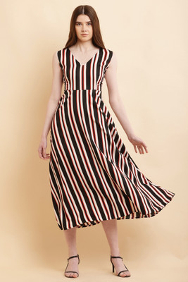 Pratyusha Women A-line Black, White Midi/Calf Length Dress