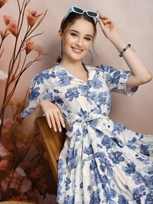 HouseOfCommon Women Fit and Flare White Below Knee Dress