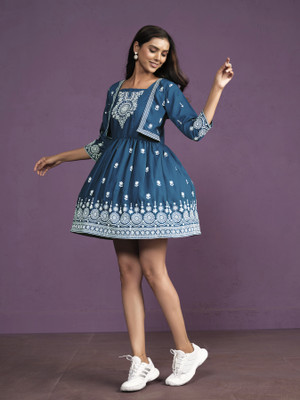 Youthnic Women Fit and Flare Blue Above Knee/Mid Thigh Length Dress