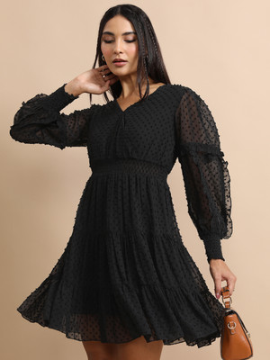 Tokyo Talkies Women Fit and Flare Black Above Knee/Mid Thigh Length Dress