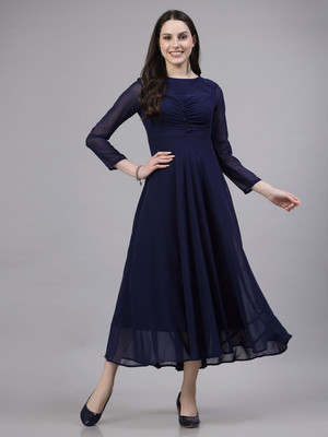 AAYU Women Fit and Flare Dark Blue Maxi/Full Length Dress