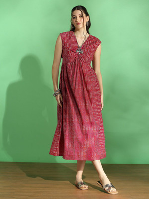 Globus Women Fit and Flare Maroon, White Knee Length Dress