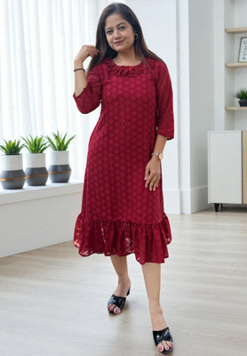 Bhanderi Creation Women A-line Maroon Midi/Calf Length Dress