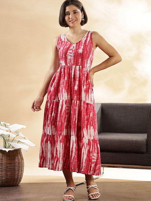 ANOUK Women Fit and Flare Pink Maxi/Full Length Dress