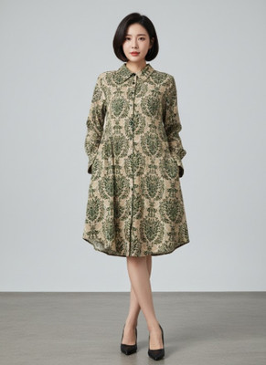 Leriya Fashion Women Ethnic Dress Green, Beige Knee Length Dress