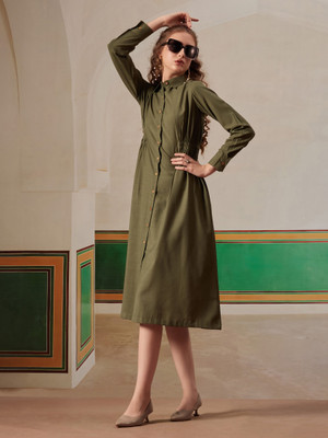 FITHUB Women Ethnic Dress Dark Green Below Knee Dress