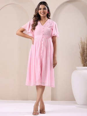 Janasya Women A-line Pink Midi/Calf Length Dress