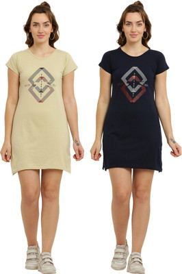 HouseOfCommon Women T Shirt Beige, Black Above Knee/Mid Thigh Length Dress