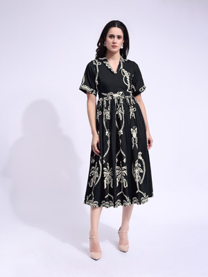 PURVAJA Women Fit and Flare Black Midi/Calf Length Dress