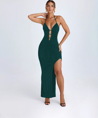 LIME Women Bodycon Dark Green Maxi/Full Length Dress
