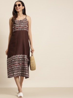 Yash Gallery Women A-line Brown Midi/Calf Length Dress