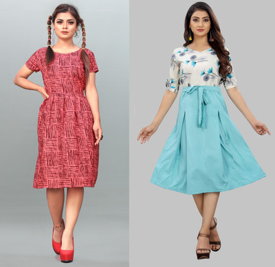 Modli 20 Fashion Women Fit and Flare Multicolor Below Knee Dress