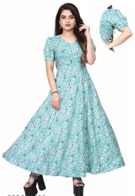 FLORINEST Women A-line Light Blue, Black, White Maxi/Full Length Dress