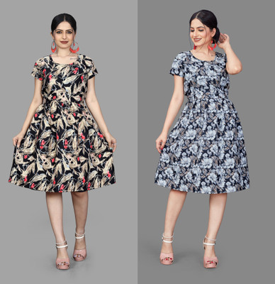 varudifeb Women Fit and Flare Multicolor Knee Length Dress