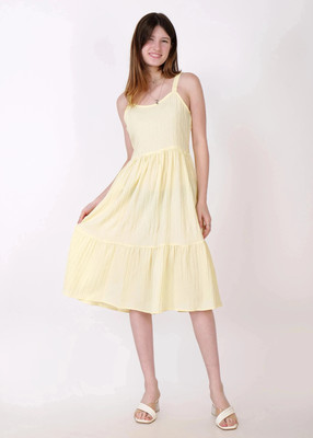 HIZA Women Fit and Flare Yellow Midi/Calf Length Dress