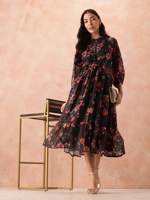 all about you Women Fit and Flare Black Midi/Calf Length Dress