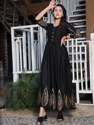 AASHLEY Women Fit and Flare Black Maxi/Full Length Dress
