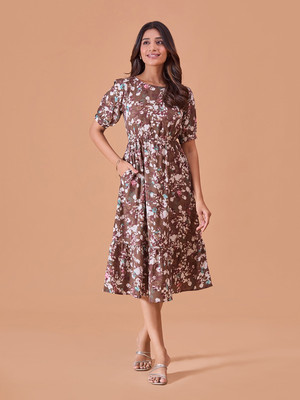 Dressberry Women Fit and Flare Brown Midi/Calf Length Dress